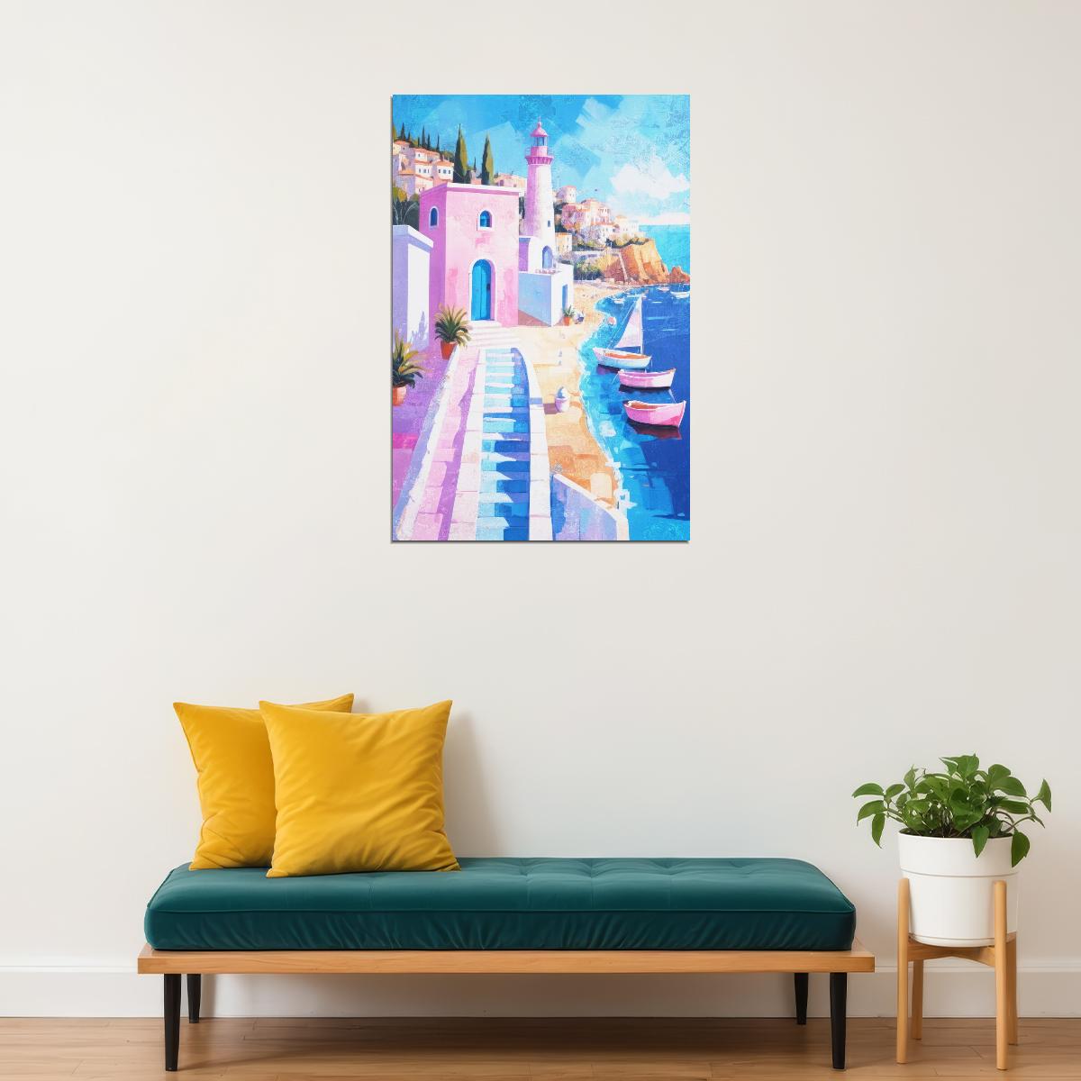 Pink Coastal Pathway Poster Wall Art Print Vibrant Lighthouse Beach Scene Whimsical Mediterranean Decor Summer Vibe - xonomax