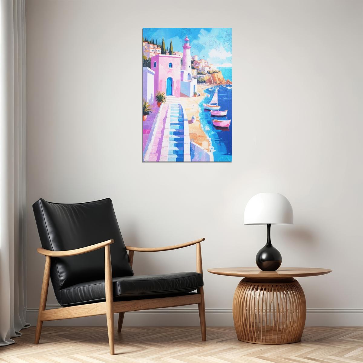 Pink Coastal Pathway Poster Wall Art Print Vibrant Lighthouse Beach Scene Whimsical Mediterranean Decor Summer Vibe - xonomax