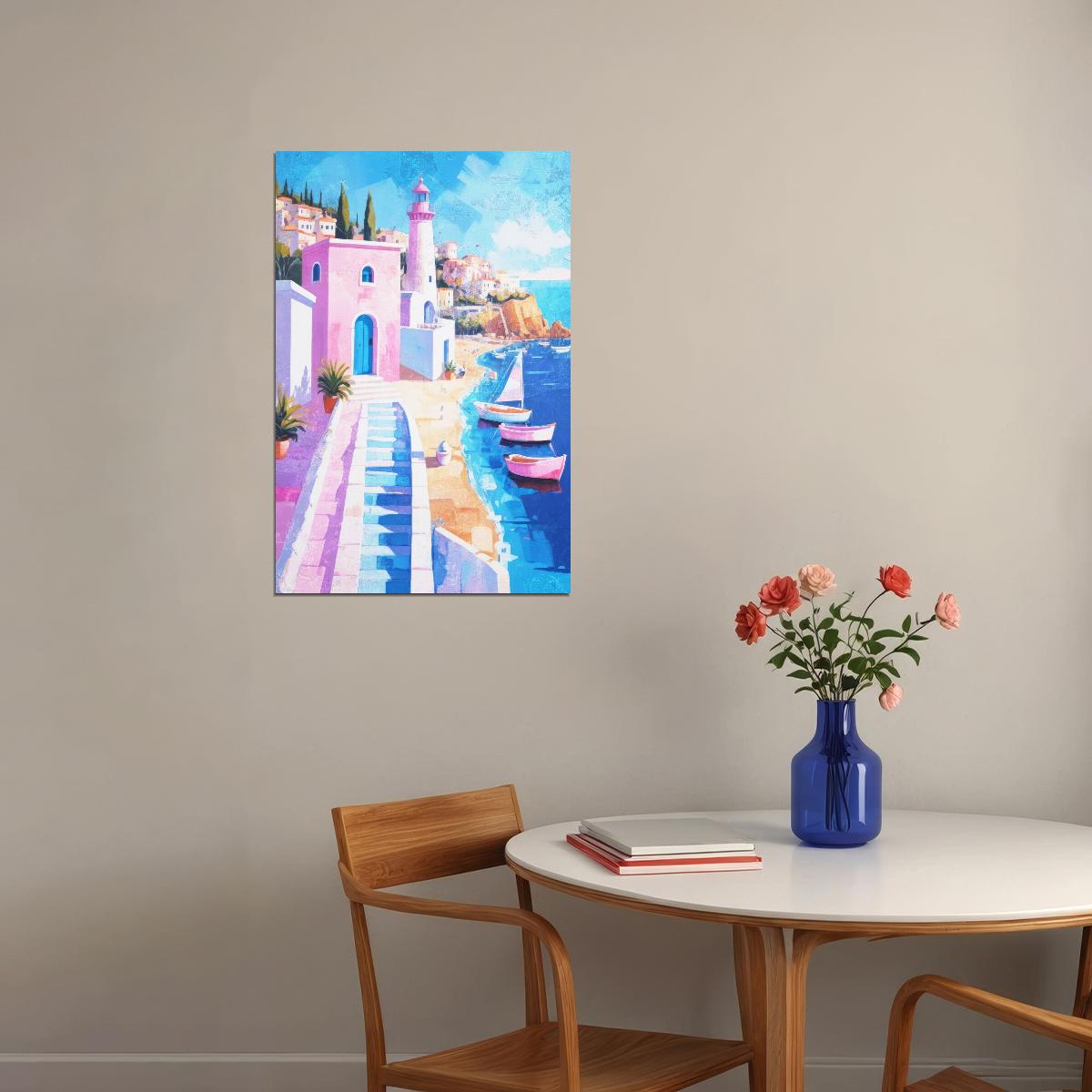 Pink Coastal Pathway Poster Wall Art Print Vibrant Lighthouse Beach Scene Whimsical Mediterranean Decor Summer Vibe - xonomax