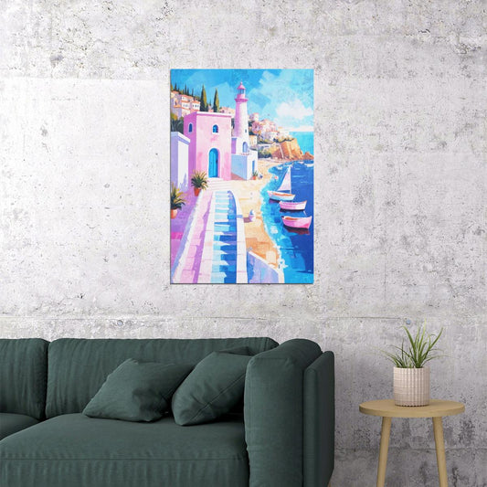 Pink Coastal Pathway Poster Wall Art Print Vibrant Lighthouse Beach Scene Whimsical Mediterranean Decor Summer Vibe - xonomax