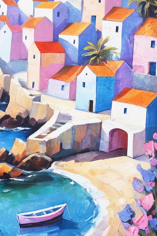 Coastal Village Seaside Poster Wall Art Print Colorful Mediterranean Landscape Pink Blue Houses Beach Scene Decor - xonomax