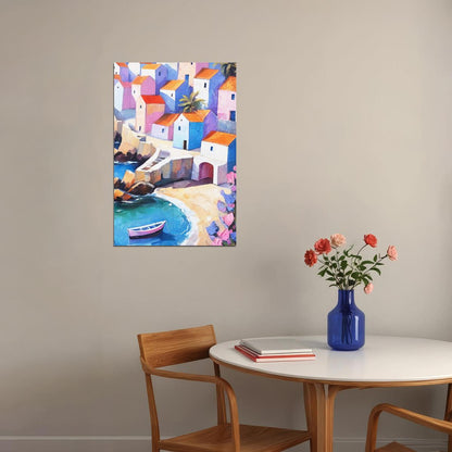 Coastal Village Seaside Poster Wall Art Print Colorful Mediterranean Landscape Pink Blue Houses Beach Scene Decor - xonomax