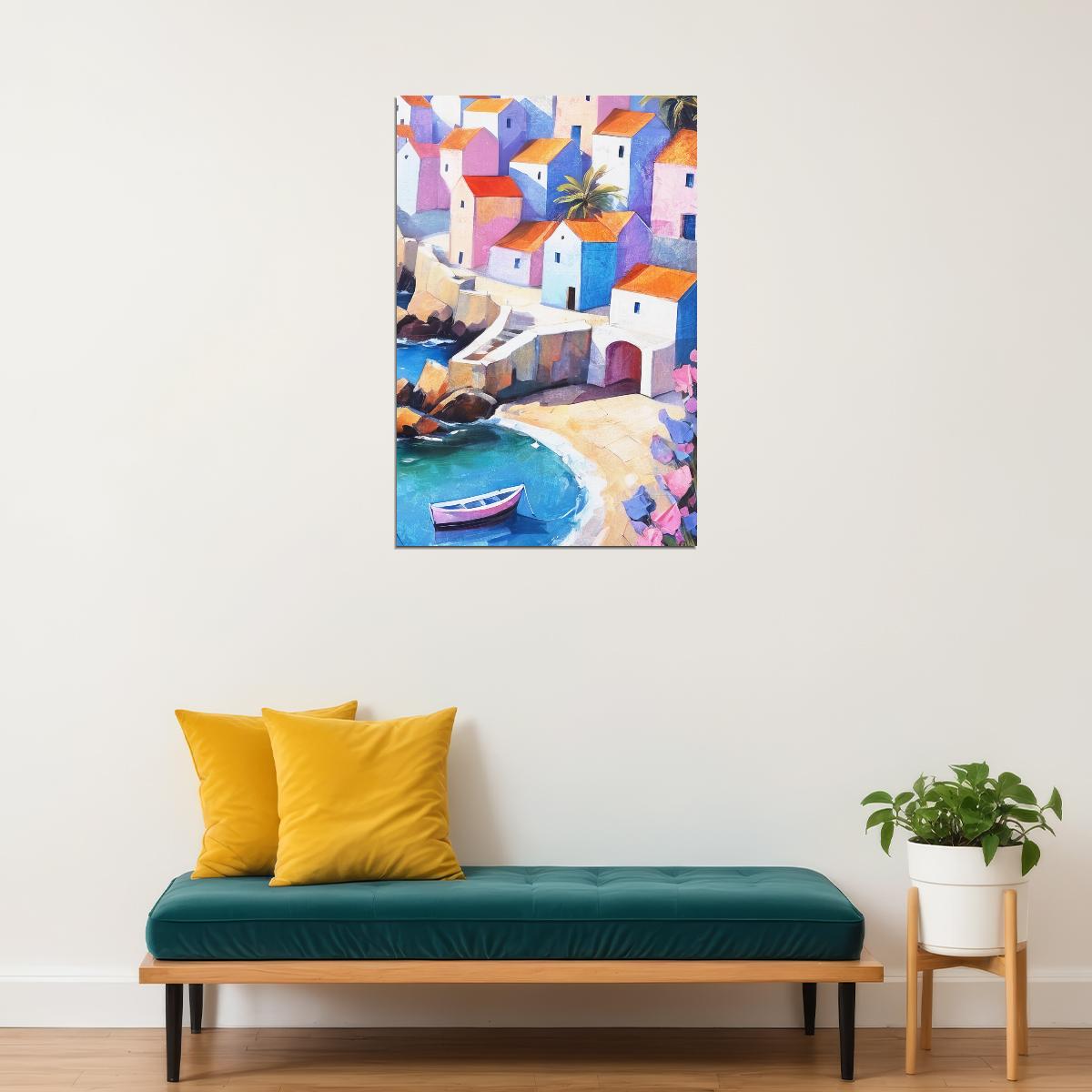 Coastal Village Seaside Poster Wall Art Print Colorful Mediterranean Landscape Pink Blue Houses Beach Scene Decor - xonomax