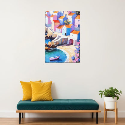 Coastal Village Seaside Poster Wall Art Print Colorful Mediterranean Landscape Pink Blue Houses Beach Scene Decor - xonomax