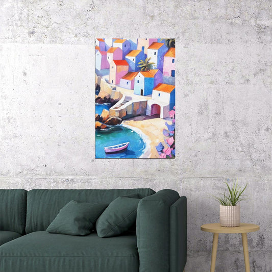 Coastal Village Seaside Poster Wall Art Print Colorful Mediterranean Landscape Pink Blue Houses Beach Scene Decor - xonomax