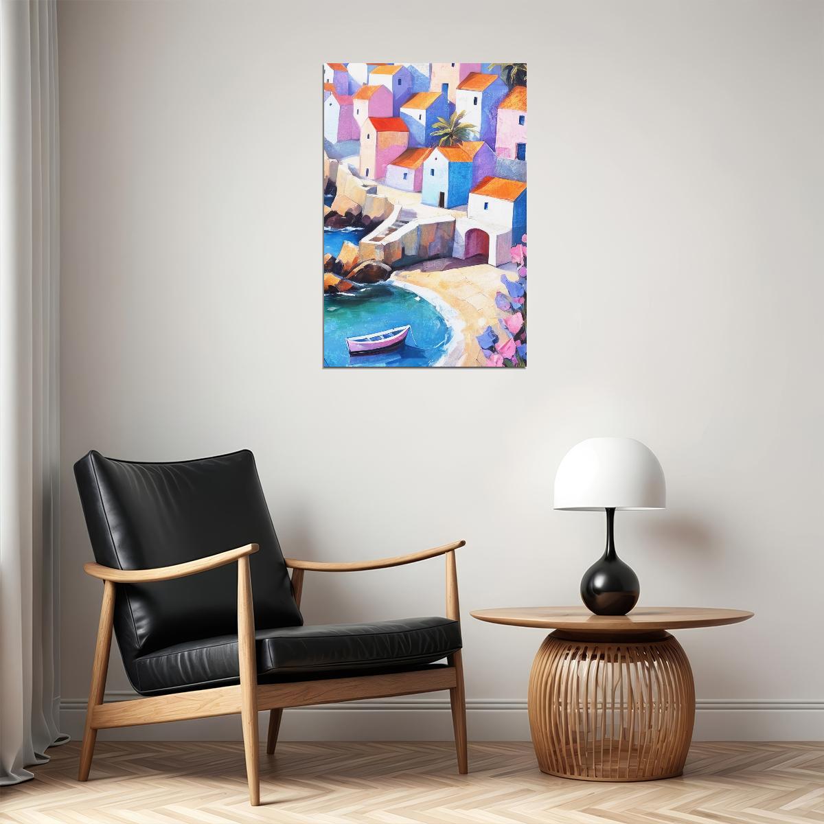 Coastal Village Seaside Poster Wall Art Print Colorful Mediterranean Landscape Pink Blue Houses Beach Scene Decor - xonomax