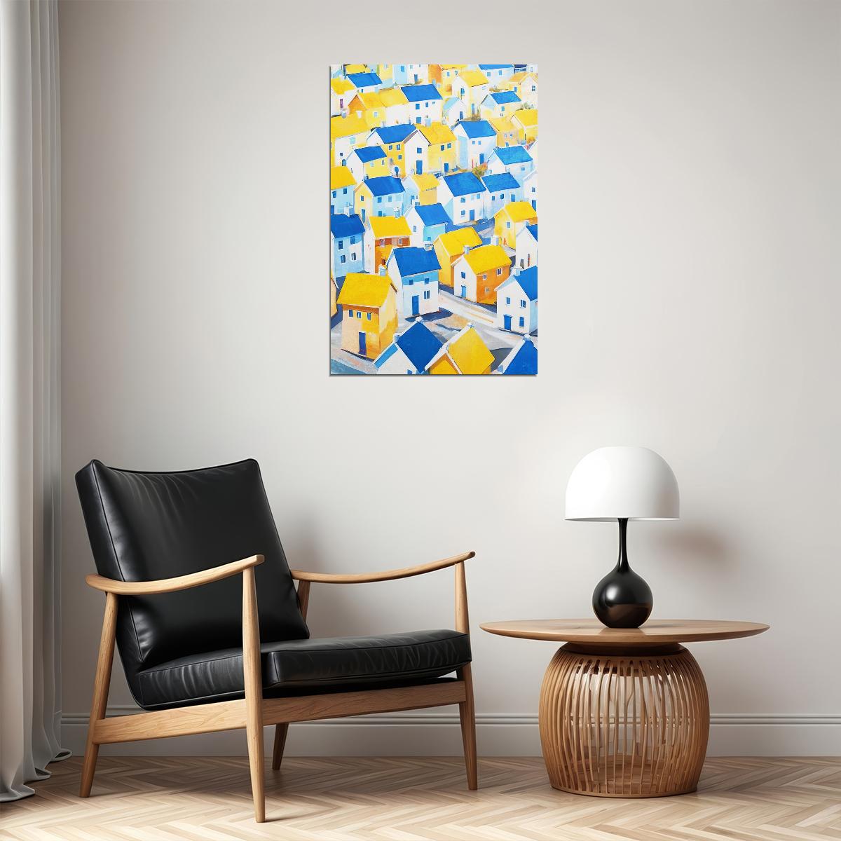 Yellow Blue Mediterranean Village Poster Wall Art Print Bright Colorful Coastal Decor Artistic Home Accent Travel Lovers