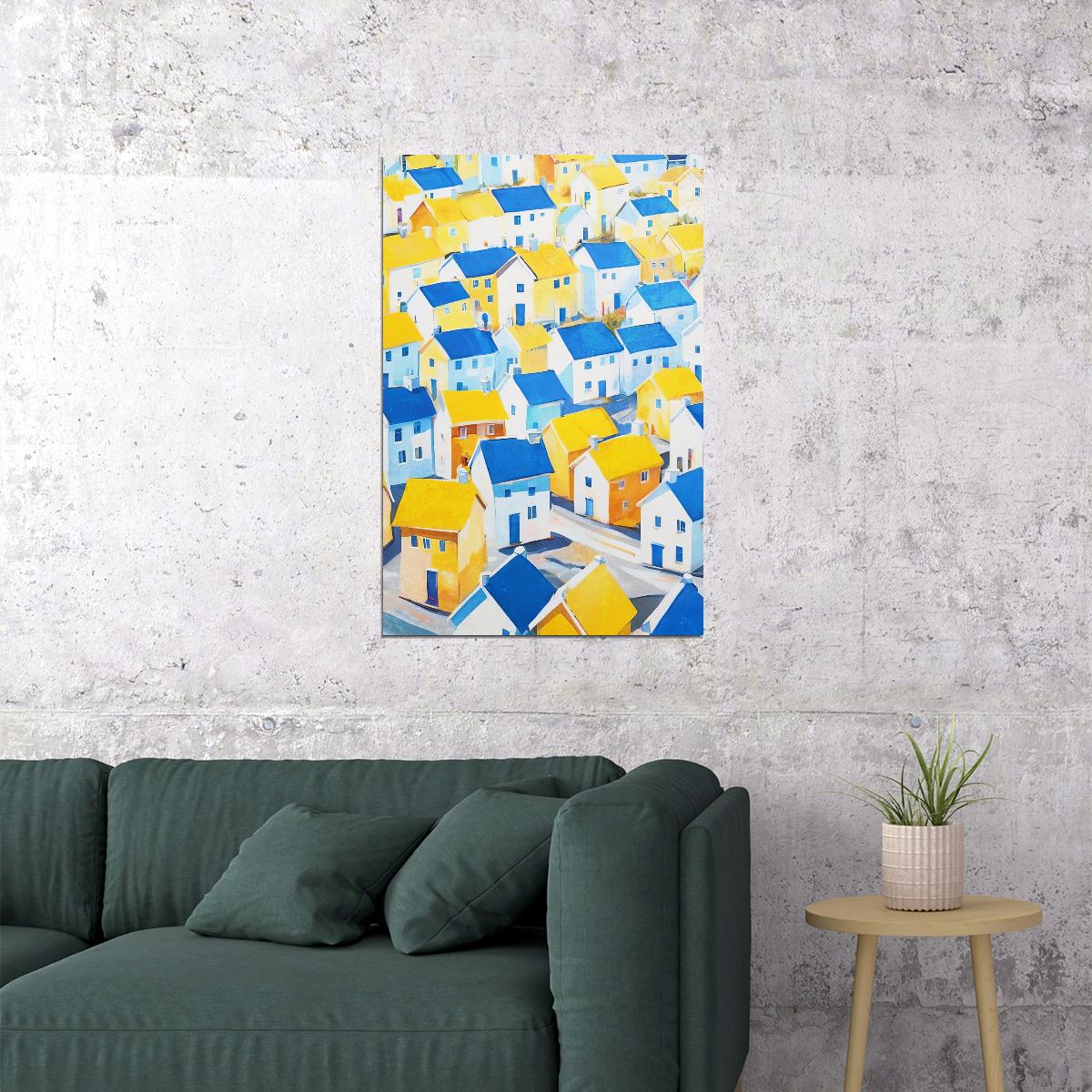 Yellow Blue Mediterranean Village Poster Wall Art Print Bright Colorful Coastal Decor Artistic Home Accent Travel Lovers