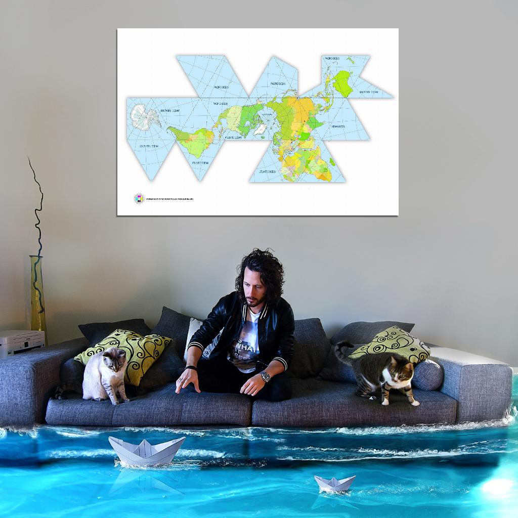 World Map Dymaxion Projection Detailed Country Names White Colors Interactive Print Poster For Wall Mapology Vintage Atlas Topographic Travel Map Сlassroom School