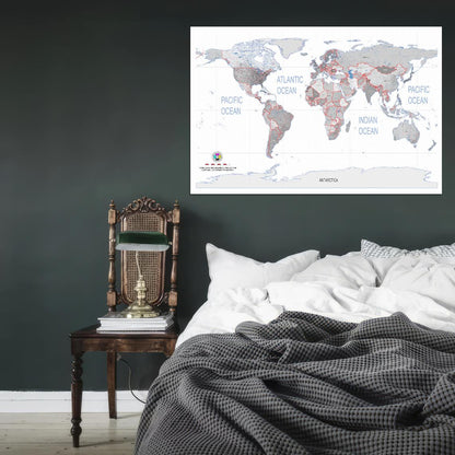 World Map Geographical Projection Detailed Country Names White Grey Interactive Print Poster For Wall Mapology Vintage Topographic Atlas Travel Map Сlassroom School