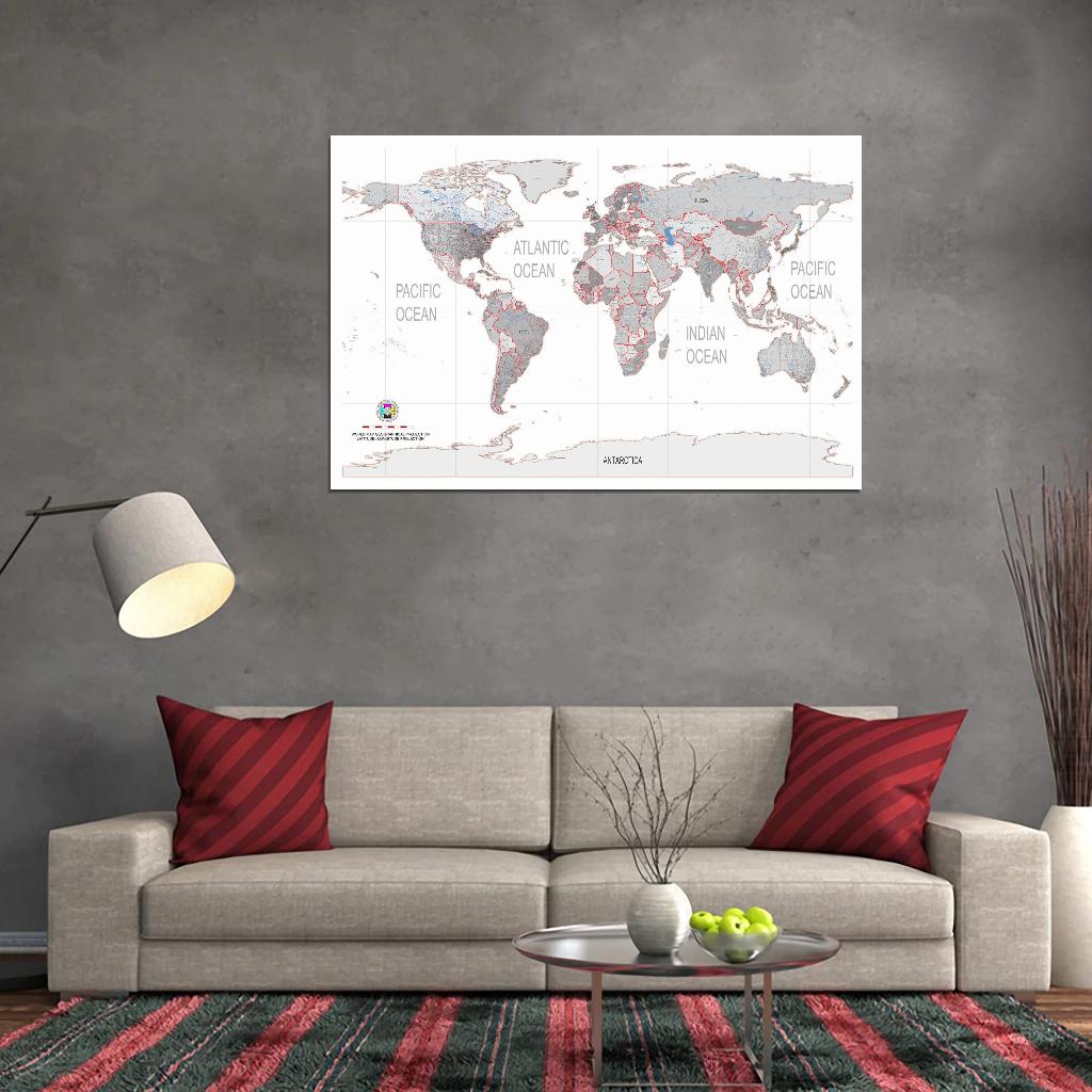 World Map Geographical Projection Detailed Country Names White Grey Brown Interactive Print Poster For Wall Mapology Vintage Atlas Travel Map Сlassroom School