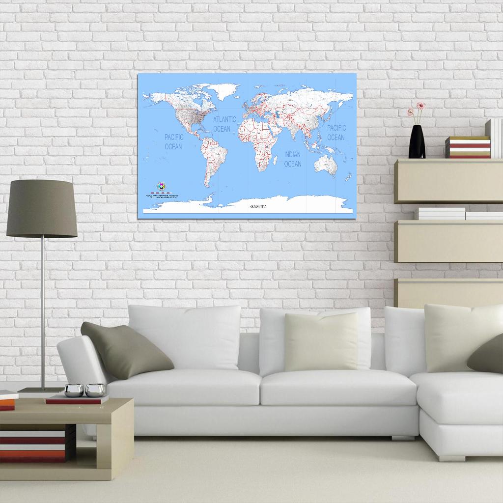 World Map Geographical Projection Detailed Country Names White Blue Interactive Print Poster For Wall Mapology Vintage Topographic Atlas Travel Map Сlassroom School
