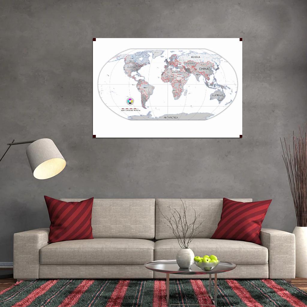 World Map Robinson Projection Detailed Country Names Grey White Interactive Print Poster For Wall Mapology Vintage Topographic Atlas Travel Map Сlassroom School