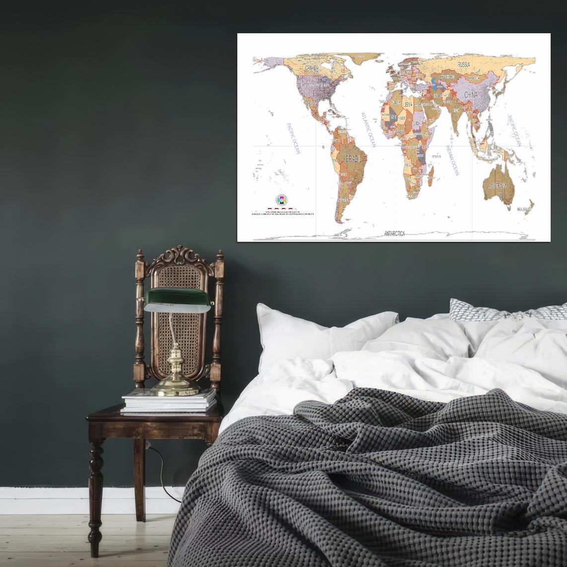 World Map Gall Peters Projection Detailed Country Names Light Colors Interactive Print Poster For Wall Mapology Vintage Topographic Atlas Travel Map Сlassroom School