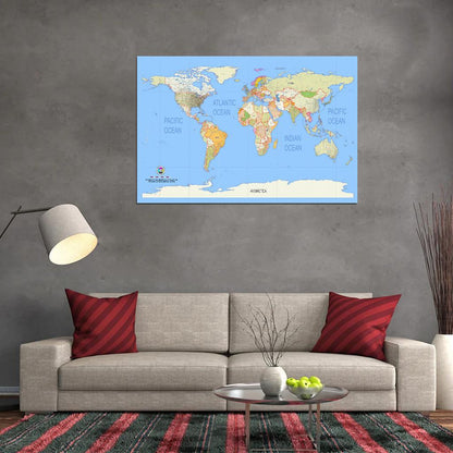 World Map Geographical Projection Detailed Country Names Blue Interactive Print Poster For Wall Mapology Vintage Topographic Atlas Travel Map Сlassroom School
