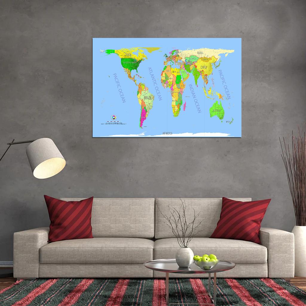 World Map Gall Peters Projection Detailed Country Names Blue Interactive Print Poster For Wall Mapology Vintage Topographic Atlas Travel Map Сlassroom School