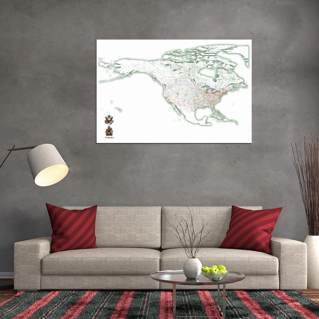 United States And Canada High Detailed Map Geo Projection Main Cities Roads And States White And Light Print Poster For Wall Vintage Atlas Travel Educational Map