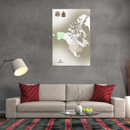 United States And Canada High Detailed Map Mercator Projection Main Cities Roads And States Light Print Poster For Wall Vintage Atlas Travel Educational Map