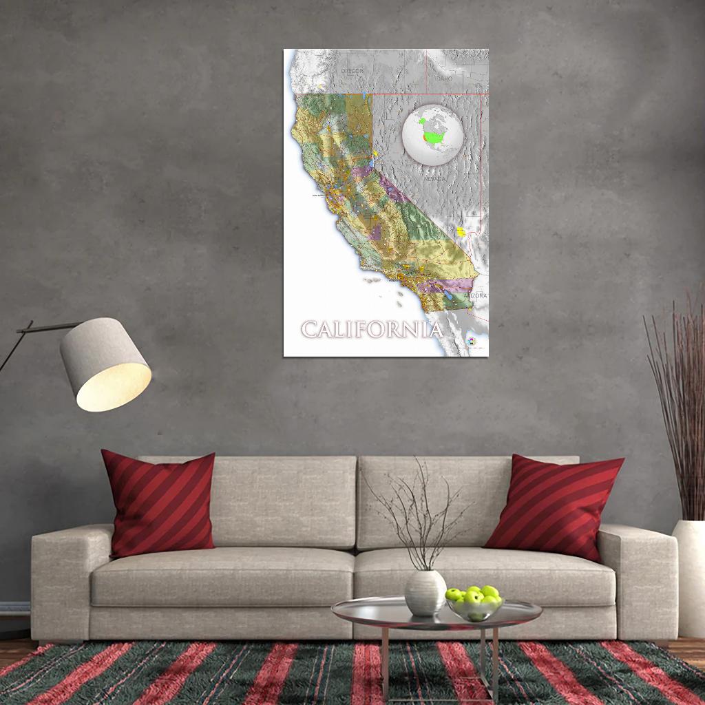 California High Detailed Road Map Main Cities And Towns Grey Relief And Сountirs Interactive Print Poster For Wall Mapology Vintage Topographic Atlas Travel Map