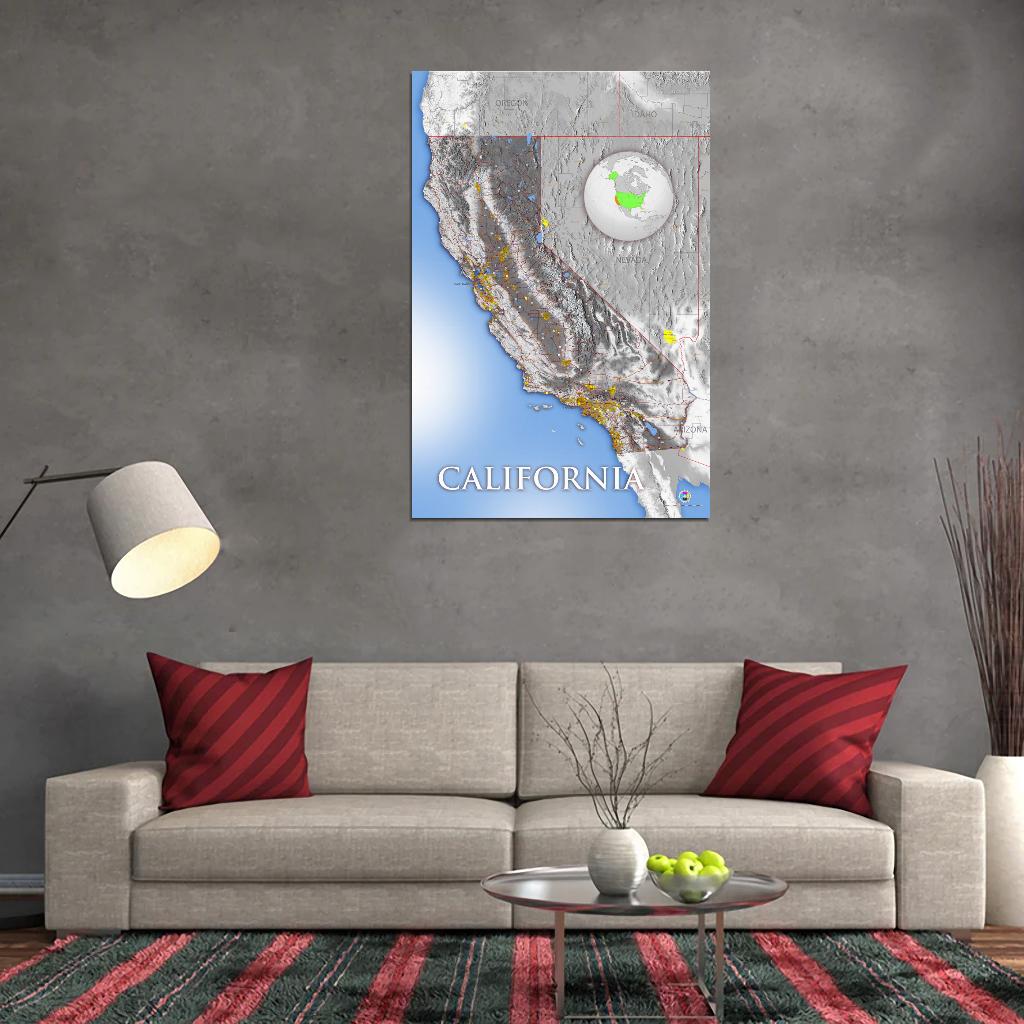 California Wall Map Main Cities And Towns Gray Relief Light Blue Interactive Print Poster For Wall Mapology Vintage Atlas Travel Map Сlassroom School