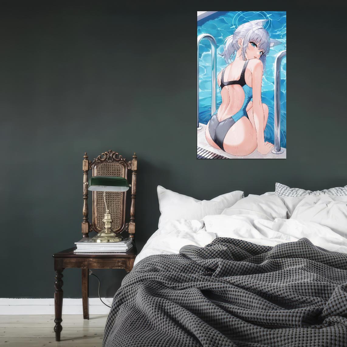 Sunaookami Shiroko Blue Archive Video Game Anime Poster Japanese School Girl Swimsuit Poolside Cute Kemonomimi Manga Art