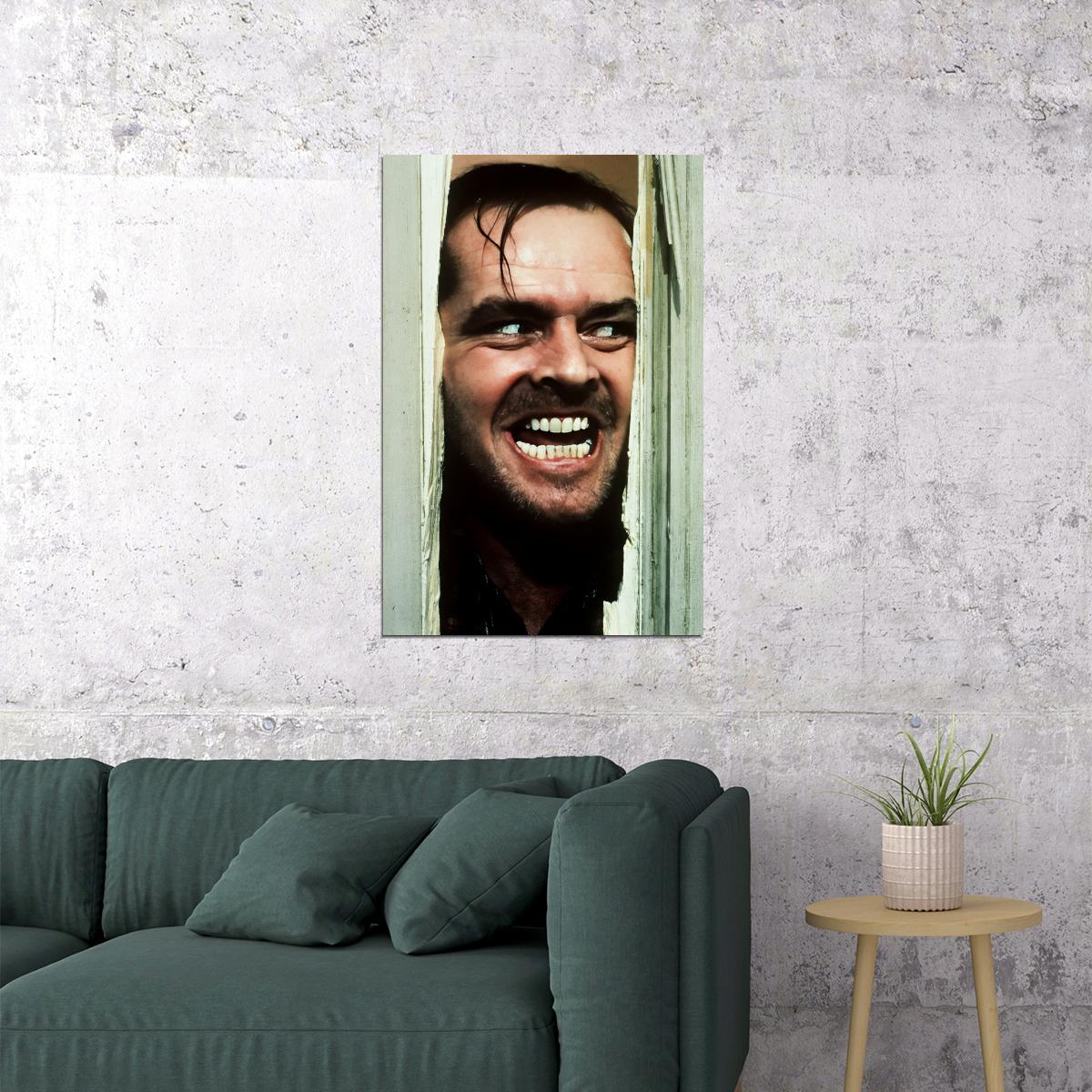 Jack Nicholson The Shining Movie Poster 1980 Iconic Here's Johnny! Scene Breaking the Door Legendary Horror Moment Wall Art Print