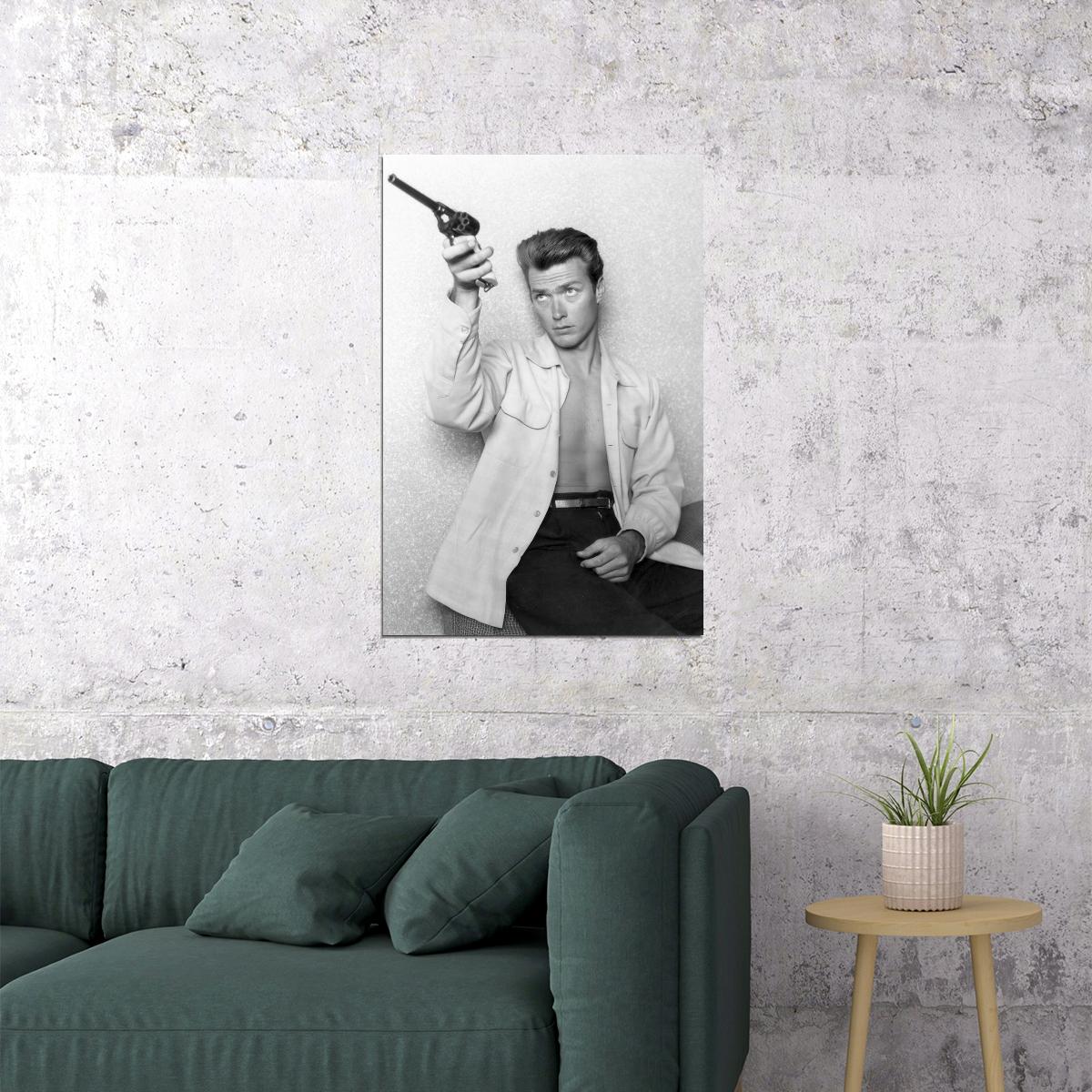 Clint Eastwood Young Portrait Revolver 1960s Black and White Classic Hollywood Cowboy Star Wall Art Print