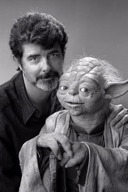 George Lucas Iconic Portrait with Yoda Classic Hollywood Filmmaker Sci-Fi Legend Wall Art Print