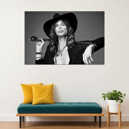 Steven Tyler Black And White Portrait Poster Classic Rock Icon Aerosmith Lead Vocalist Music Legend Print Old Hollywood Aesthetic Wall Decor