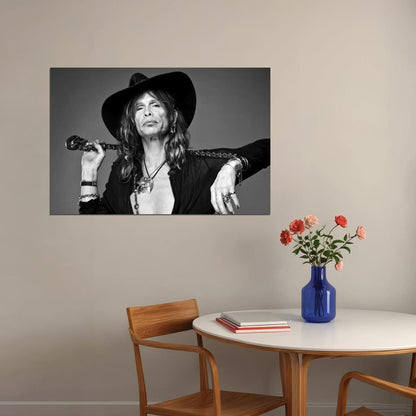 Steven Tyler Black And White Portrait Poster Classic Rock Icon Aerosmith Lead Vocalist Music Legend Print Old Hollywood Aesthetic Wall Decor