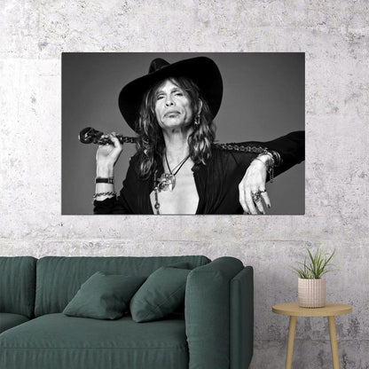 Steven Tyler Black And White Portrait Poster Classic Rock Icon Aerosmith Lead Vocalist Music Legend Print Old Hollywood Aesthetic Wall Decor