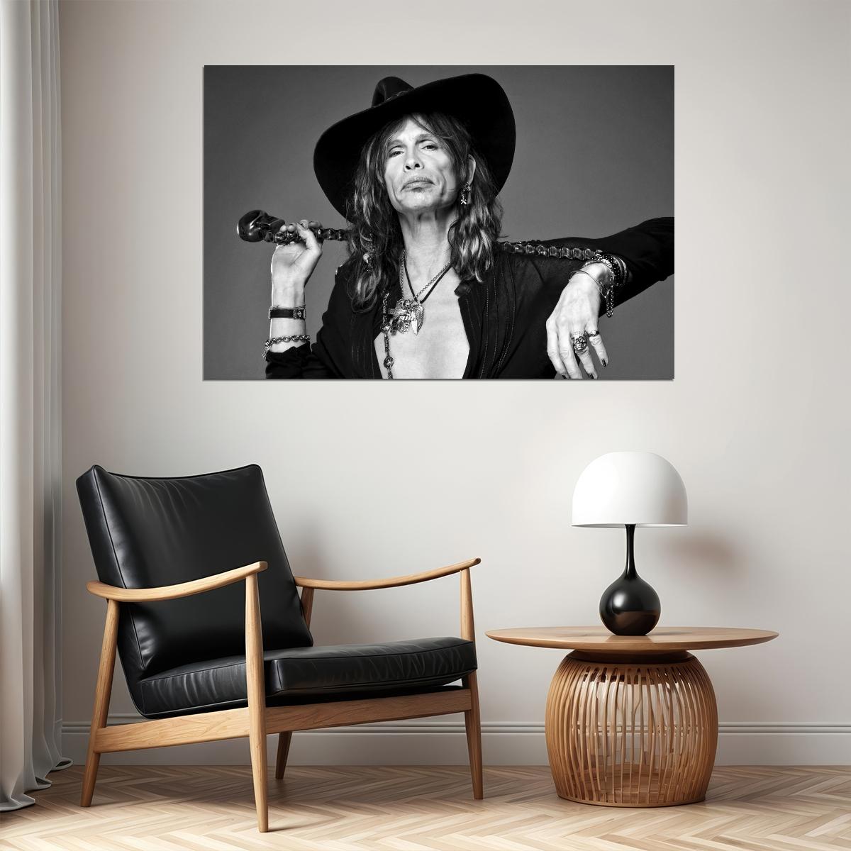 Steven Tyler Black And White Portrait Poster Classic Rock Icon Aerosmith Lead Vocalist Music Legend Print Old Hollywood Aesthetic Wall Decor