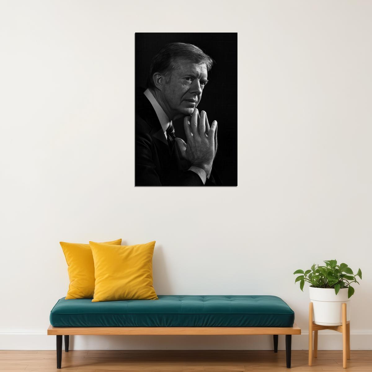 Jimmy Carter Black And White Modern Portrait Poster Former U.S. President Thoughtful Leadership Icon Wall Art Print Old Hollywood Aesthetic Wall Decor