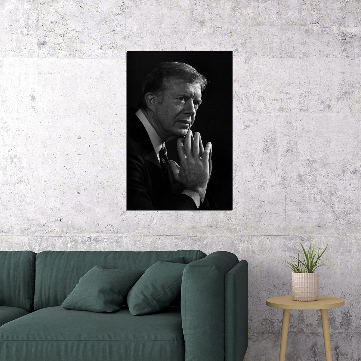 Jimmy Carter Black And White Modern Portrait Poster Former U.S. President Thoughtful Leadership Icon Wall Art Print Old Hollywood Aesthetic Wall Decor