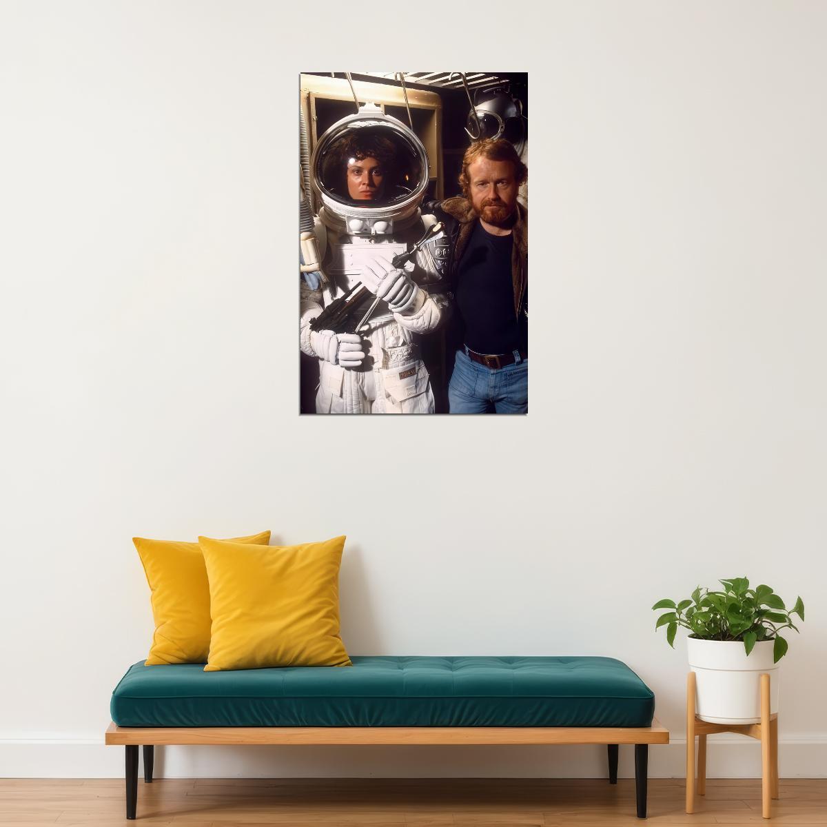 Ridley Scott And Sigourney Weaver Alien Set Poster 1979 Retro Sci-Fi Film Director And Actress Behind The Scenes Wall Art Print Old Hollywood Aesthetic Wall Decor