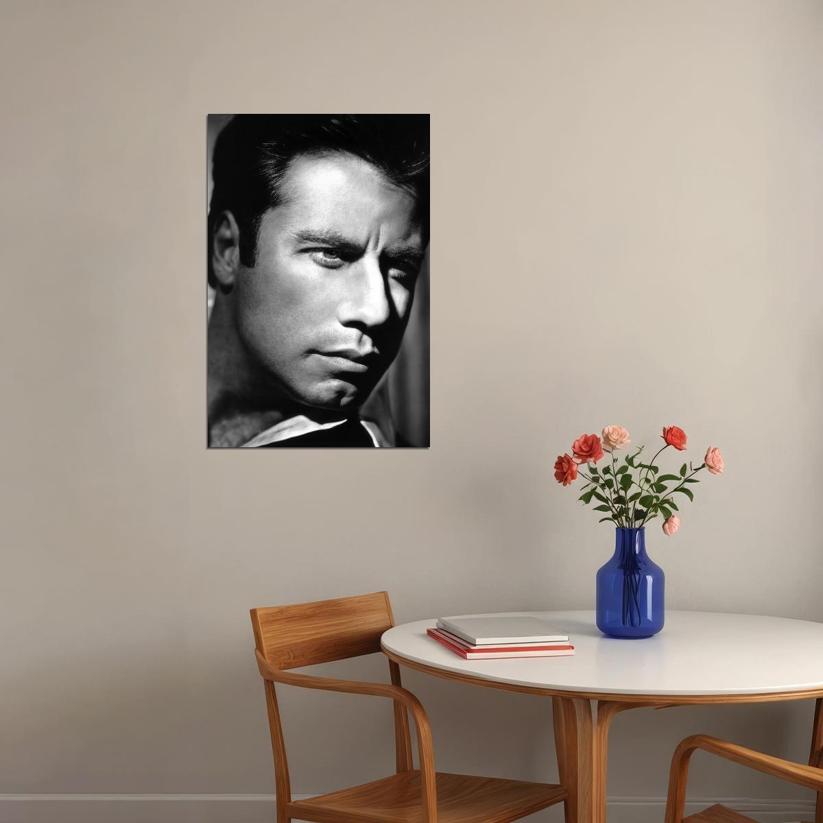 John Travolta Young Portrait Poster Classic Film Star 1970s Iconic Hollywood Actor Black And White Wall Art Print Old Hollywood Aesthetic Wall Decor