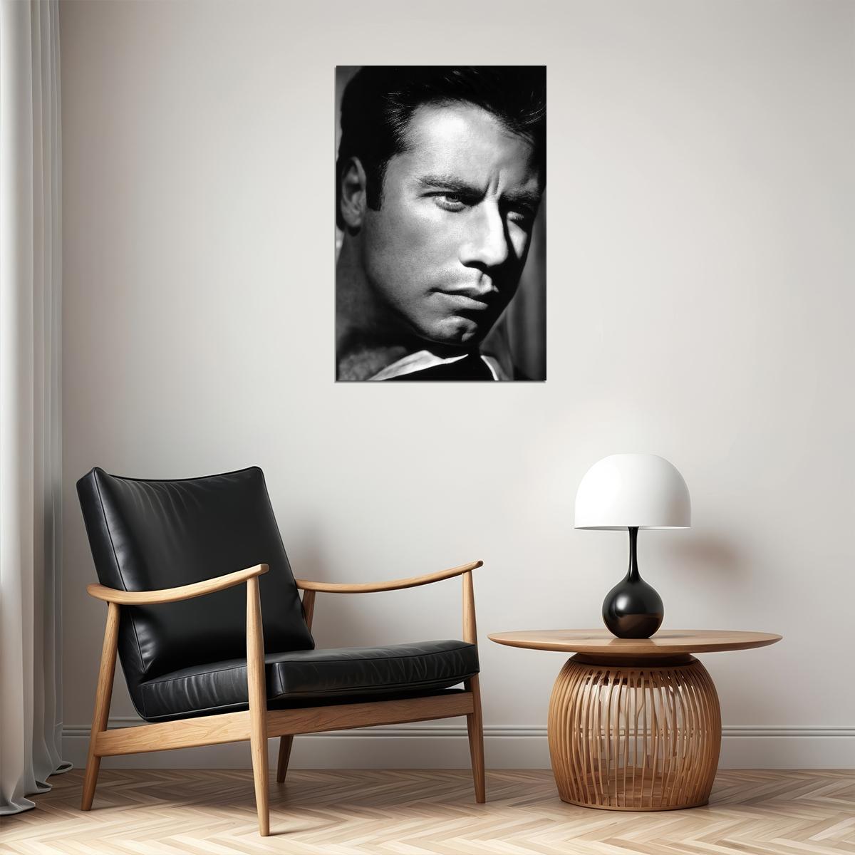 John Travolta Young Portrait Poster Classic Film Star 1970s Iconic Hollywood Actor Black And White Wall Art Print Old Hollywood Aesthetic Wall Decor