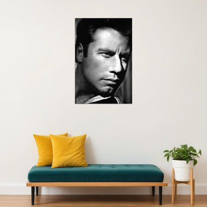 John Travolta Young Portrait Poster Classic Film Star 1970s Iconic Hollywood Actor Black And White Wall Art Print Old Hollywood Aesthetic Wall Decor