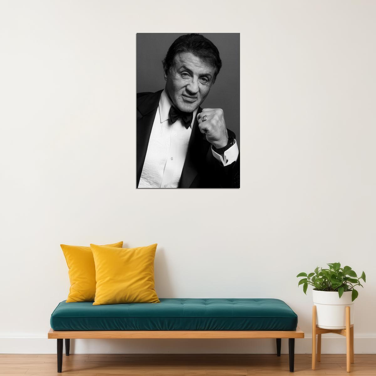 Sly Sylvester Stallone Elegant Tuxedo Portrait Poster Classic Hollywood Actor Iconic Star Legendary Style Wall Art Print Old Hollywood Aesthetic Wall Decor