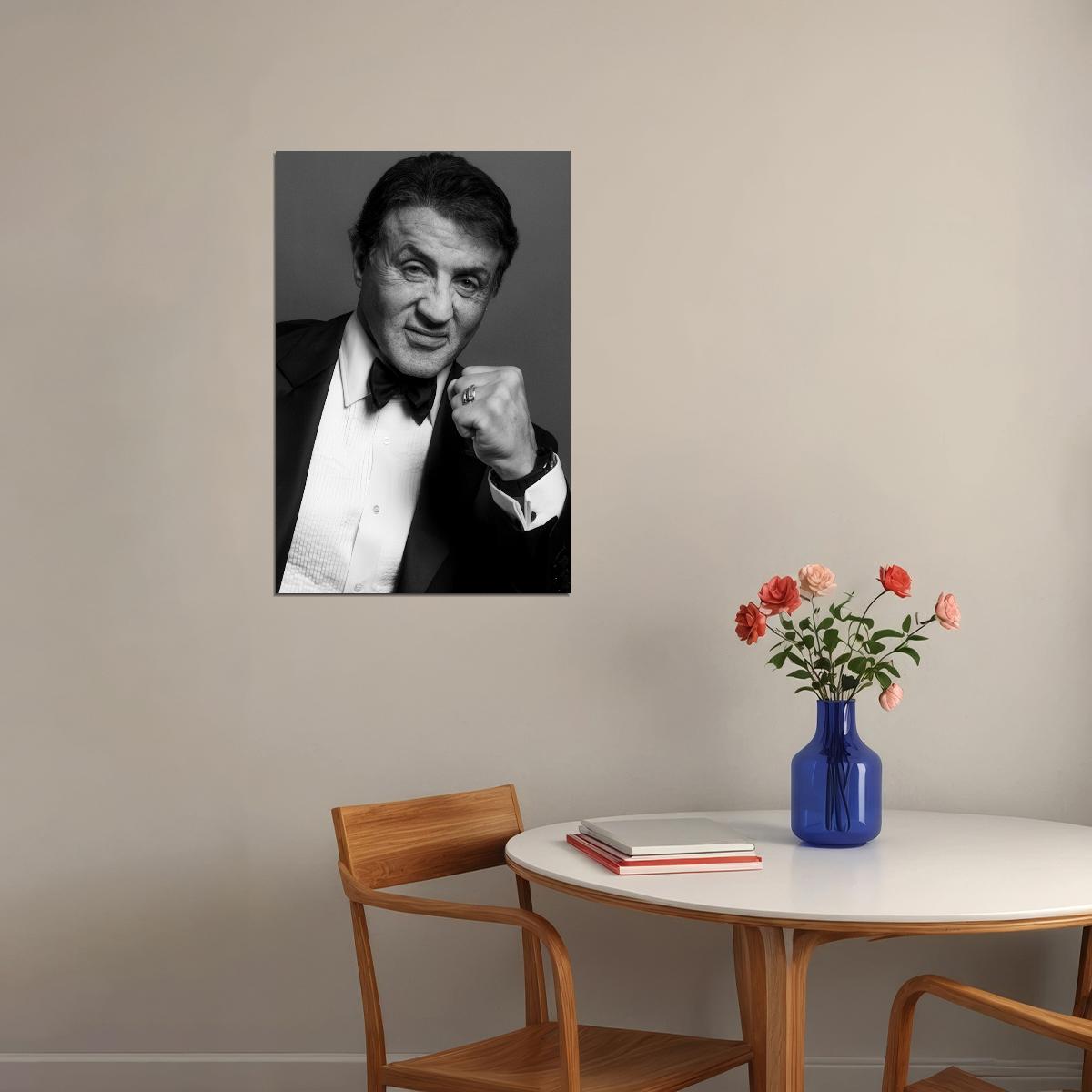 Sly Sylvester Stallone Elegant Tuxedo Portrait Poster Classic Hollywood Actor Iconic Star Legendary Style Wall Art Print Old Hollywood Aesthetic Wall Decor