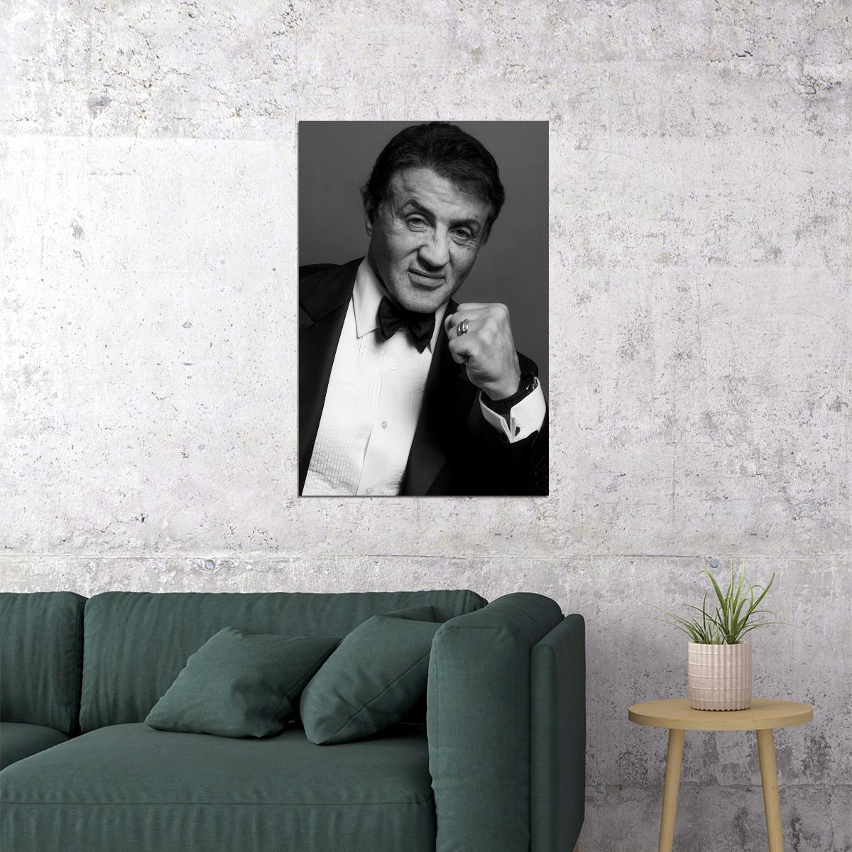 Sly Sylvester Stallone Elegant Tuxedo Portrait Poster Classic Hollywood Actor Iconic Star Legendary Style Wall Art Print Old Hollywood Aesthetic Wall Decor