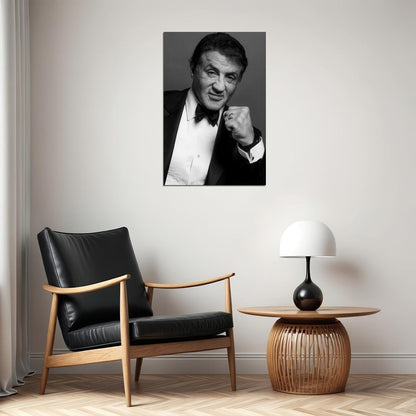 Sly Sylvester Stallone Elegant Tuxedo Portrait Poster Classic Hollywood Actor Iconic Star Legendary Style Wall Art Print Old Hollywood Aesthetic Wall Decor