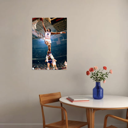 Julius Erving Dunk Poster Iconic Basketball Player Classic Sports Legend High-Flying Move Wall Art Print Old Hollywood Aesthetic Wall Decor