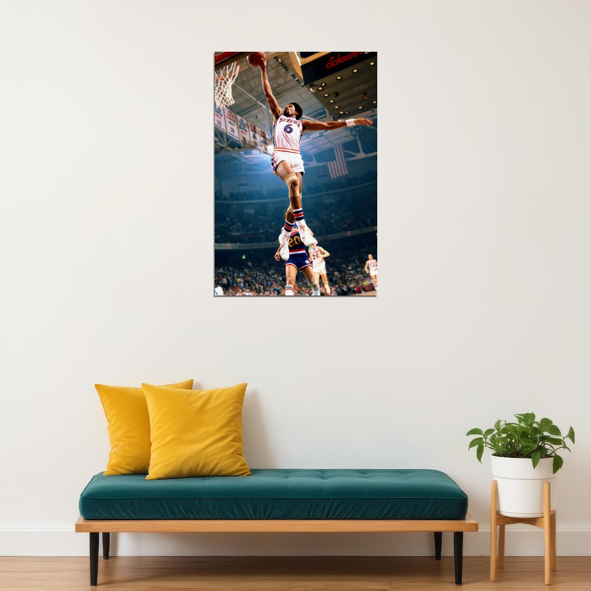 Julius Erving Dunk Poster Iconic Basketball Player Classic Sports Legend High-Flying Move Wall Art Print Old Hollywood Aesthetic Wall Decor