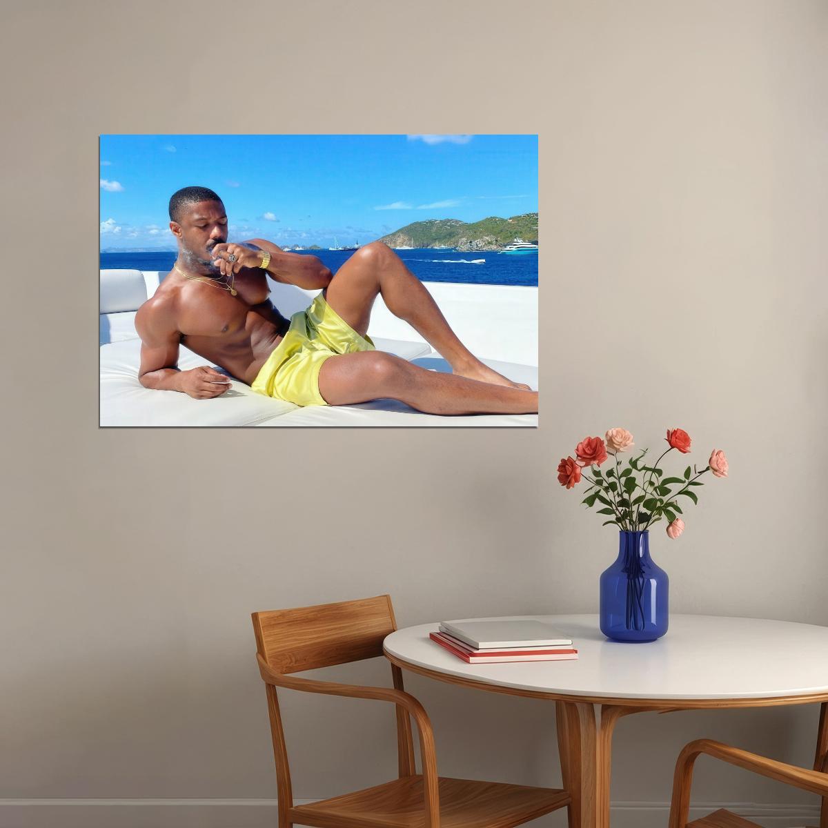 Michael B. Jordan Sexy Yacht Photo Print Hollywood Celebrity Poster Shirtless Handsome Man Wall Art Hot Male Model Aesthetic Decor for Bedroom Living Room - xonomax