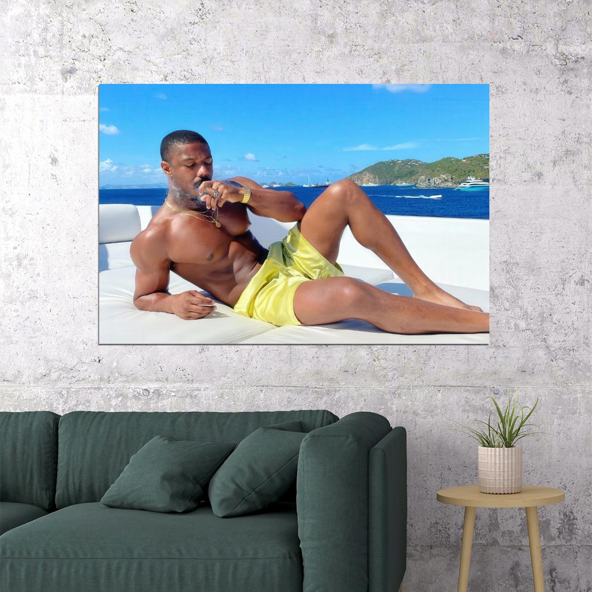 Michael B. Jordan Sexy Yacht Photo Print Hollywood Celebrity Poster Shirtless Handsome Man Wall Art Hot Male Model Aesthetic Decor for Bedroom Living Room - xonomax