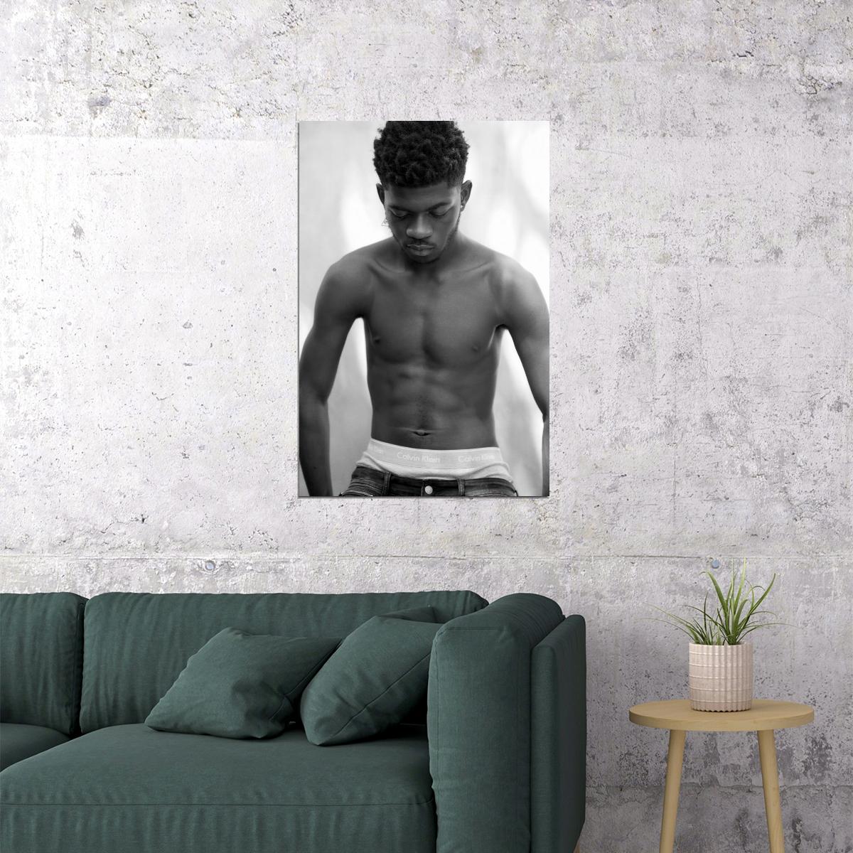 Lil Nas X Black and White Photo Print Hollywood Celebrity Poster Shirtless Handsome Man Wall Art Hot Male Aesthetic Decor for Bedroom Living Space - xonomax