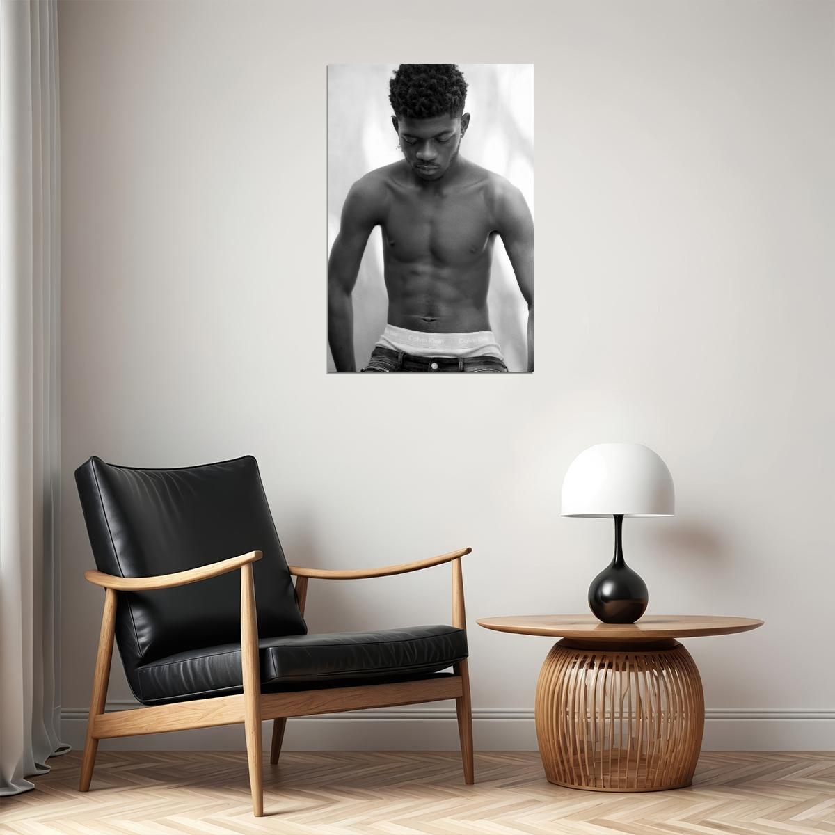 Lil Nas X Black and White Photo Print Hollywood Celebrity Poster Shirtless Handsome Man Wall Art Hot Male Aesthetic Decor for Bedroom Living Space - xonomax
