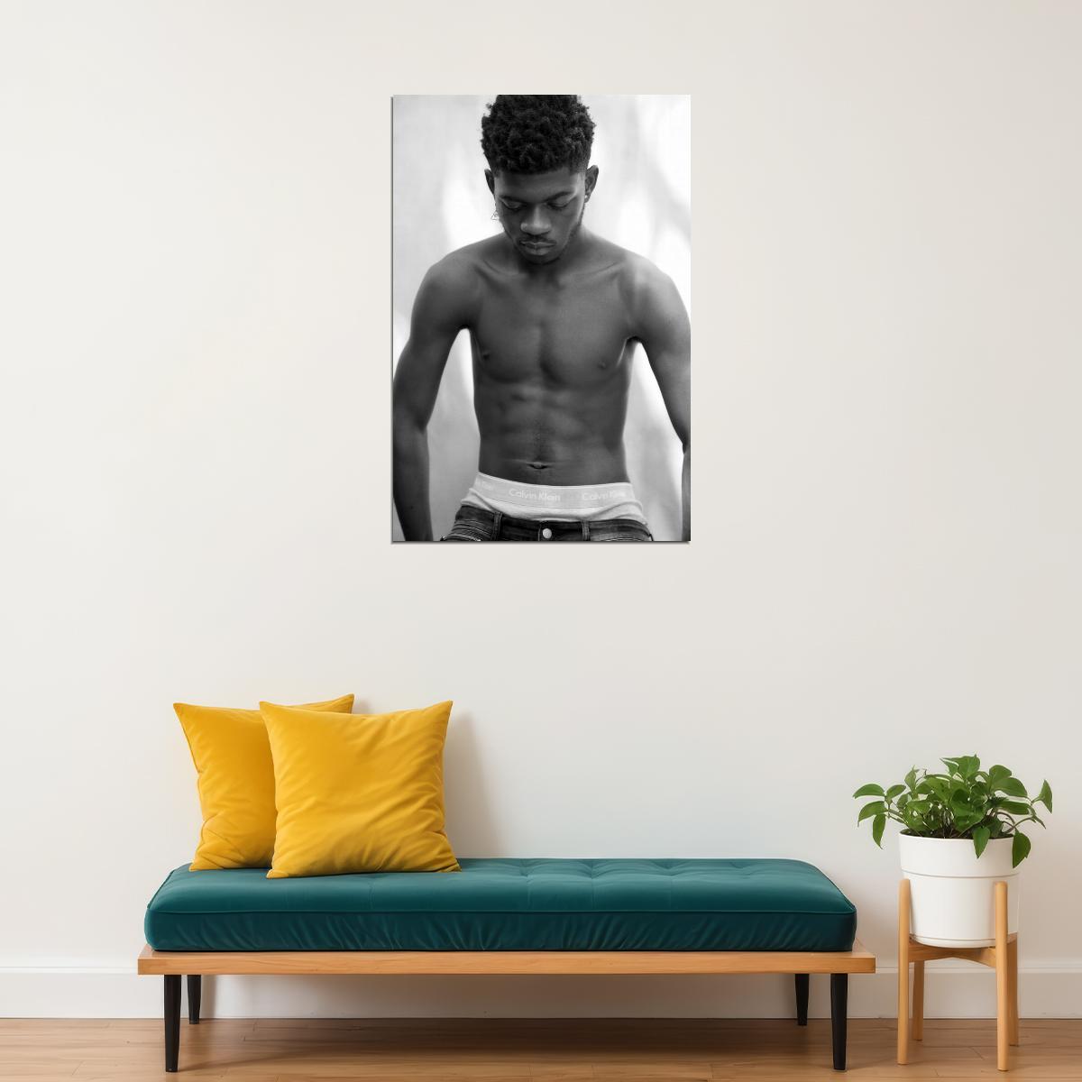 Lil Nas X Black and White Photo Print Hollywood Celebrity Poster Shirtless Handsome Man Wall Art Hot Male Aesthetic Decor for Bedroom Living Space - xonomax