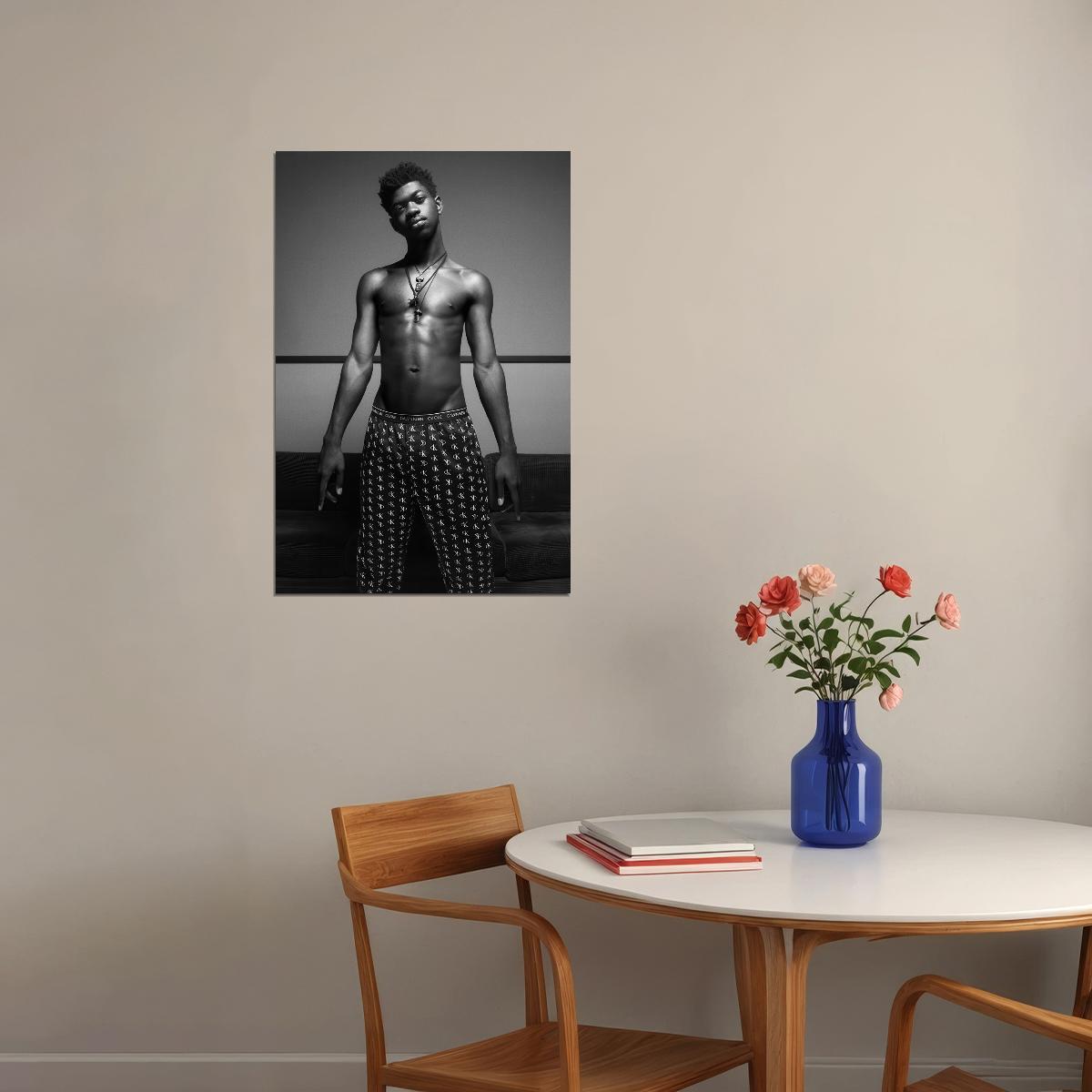 Lil Nas X Black and White Photo Print Gay Icon Hollywood Celebrity Poster Shirtless Handsome Black Man Wall Art Hot Male Aesthetic Decor for Bedroom Living Room - xonomax